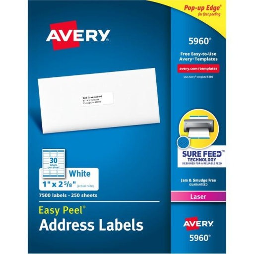 5960 WHITE, EASY PEEL, 2 5/8" X 1", PERMANENT,  250 SHEETS/B