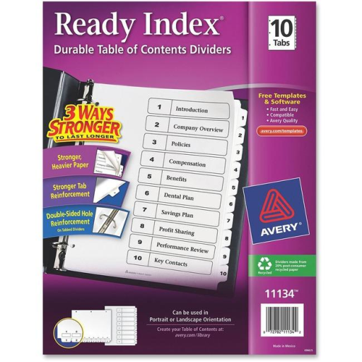 11134 READY INDEX TABLE OF CONTENTS DIVIDERS, 10 TAB, 1 SET,