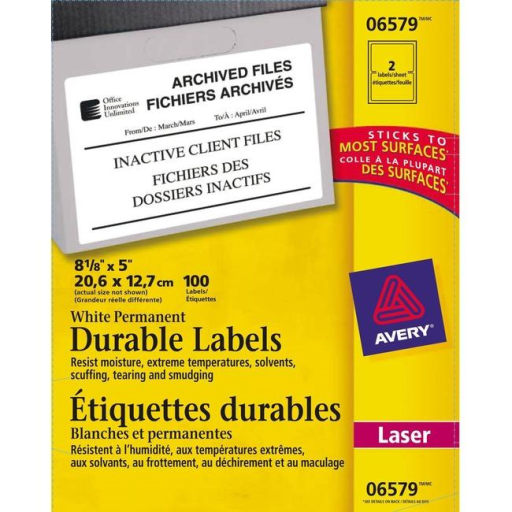 6579 TRUEBLOCK DURABLE I.D. LABELS, 8 1/8" X 5", PERMANENT,