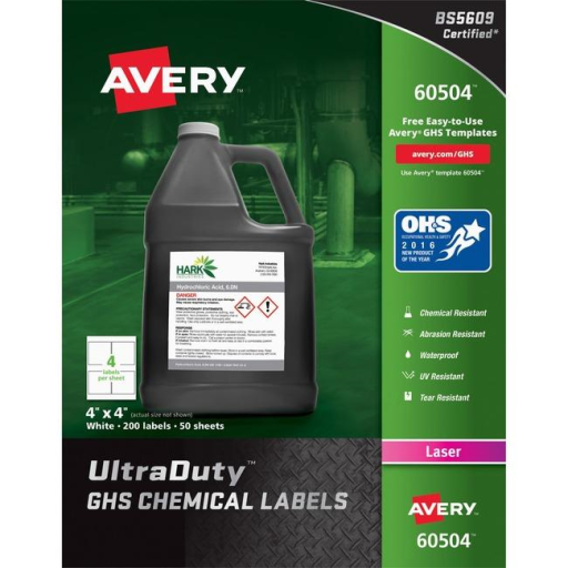 Avery Laser Ultraduty Industrial Labels 4" x 4", Permanent, White, 50 sheets/box, 200 labels/box