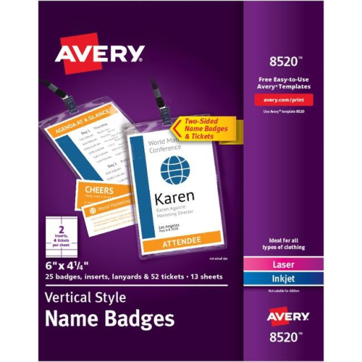 Avery Laser/Inkjet Vertical Style 6" x 4¼" Name Badge Kit (Inserts, Holders, Lanyard, x2 Tickets), 25/box