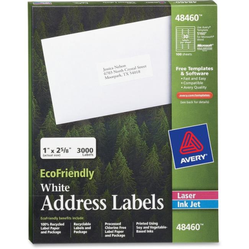 48460 ECO WHITE MAILING LABEL, PERMANENT, 1" X 2 5/8", 100 S