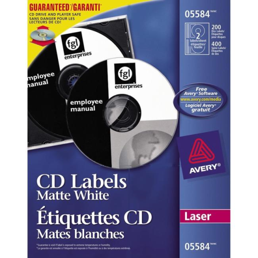 CD LABELS, PERMANENT, WHITE, 100 SHEETS/BOX, 200 LABELS