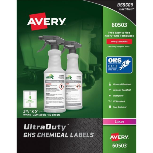 Avery Laser Ultraduty Industrial Labels 3½" x 5", Permanent, White, 50 sheets/box, 200 labels/box