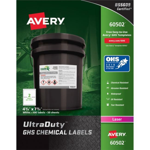 Avery Laser Ultraduty Industrial Labels 4¾" x 7¾", Permanent, White, 50 sheets/box, 100 labels/box