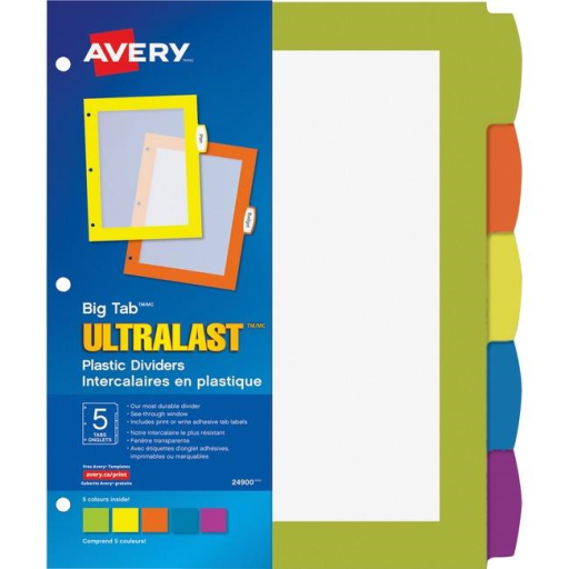 Avery Print or Write Big Tab UltraLast Dividers, 5 Tab Multi-Colour, 1 Set
