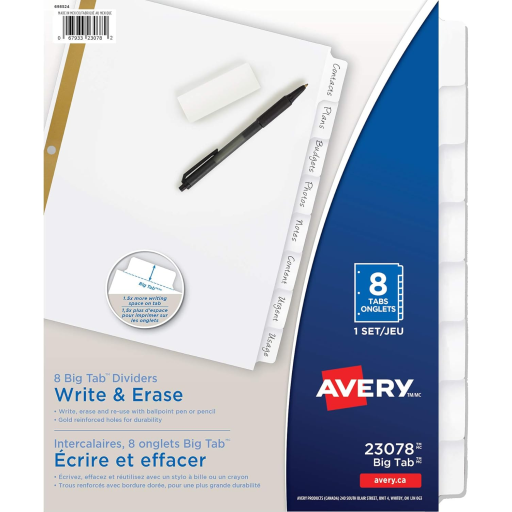 WRITEON DIVIDERS, 8 TAB, 1 SET, WHITE, BIG TAB