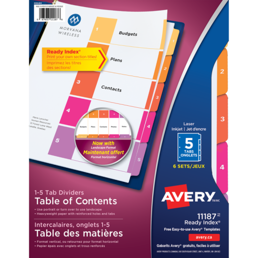 READY INDEX TABLE OF CONTENTS DIVIDERS, 5 TAB, 6 SETS,