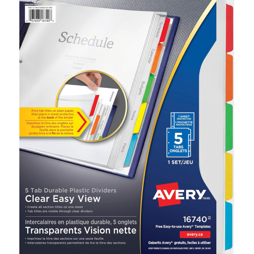 CLEAR EASY VIEW DIVIDERS 5-TAB, MULTI-COLORED TABS AND