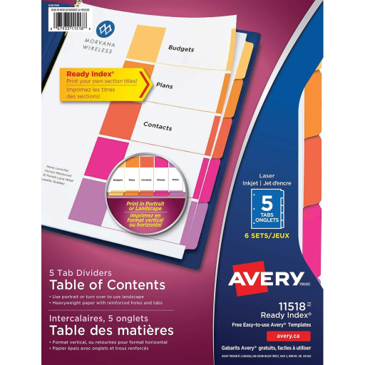 READY INDEX TABLE OF CONTENTS DIVIDERS, 5 TAB, 6 SETS,