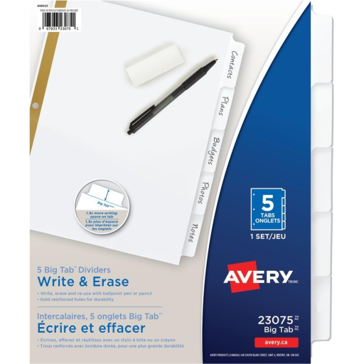 WRITEON DIVIDERS, 5 TAB, 1 SET, WHITE, BIG TAB