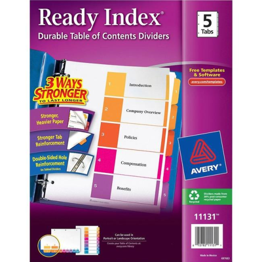 11131 READY INDEX TABLE OF CONTENTS DIVIDERS, 5 TAB, 1 SET,