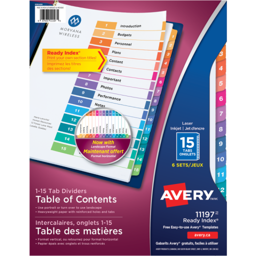 READY INDEX TABLE OF CONTENTS DIVIDERS, 15 TAB, 6 SETS