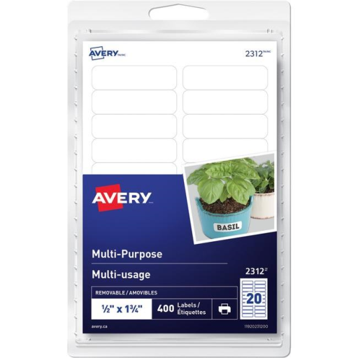 Avery® Multi-Purpose Removable Labels for laser or inkjet printers, ½" x 1¾"  Removable Matte White Paper / White / Removable