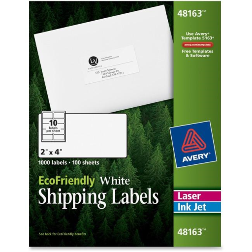 48163 ECO WHITE MAILING LABEL, PERMANENT,  2" X 4", 100 SHEE