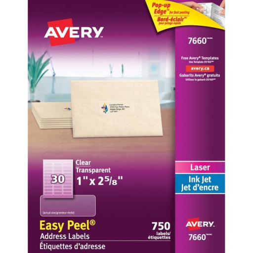 7660 CLEAR EASY PEEL, 2 5/8" X 1", PERMANENT, 25 SHEETS/ENV.
