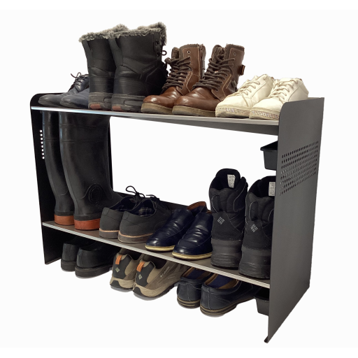Rakabot Signature 2 tier chic and classy water and mud collecting shoe and boot rack that stores 7 pairs.  Stainless steel shelves. Powder coated mate black side panels. For a perfect entrance all year long. Made In Canada Invention.