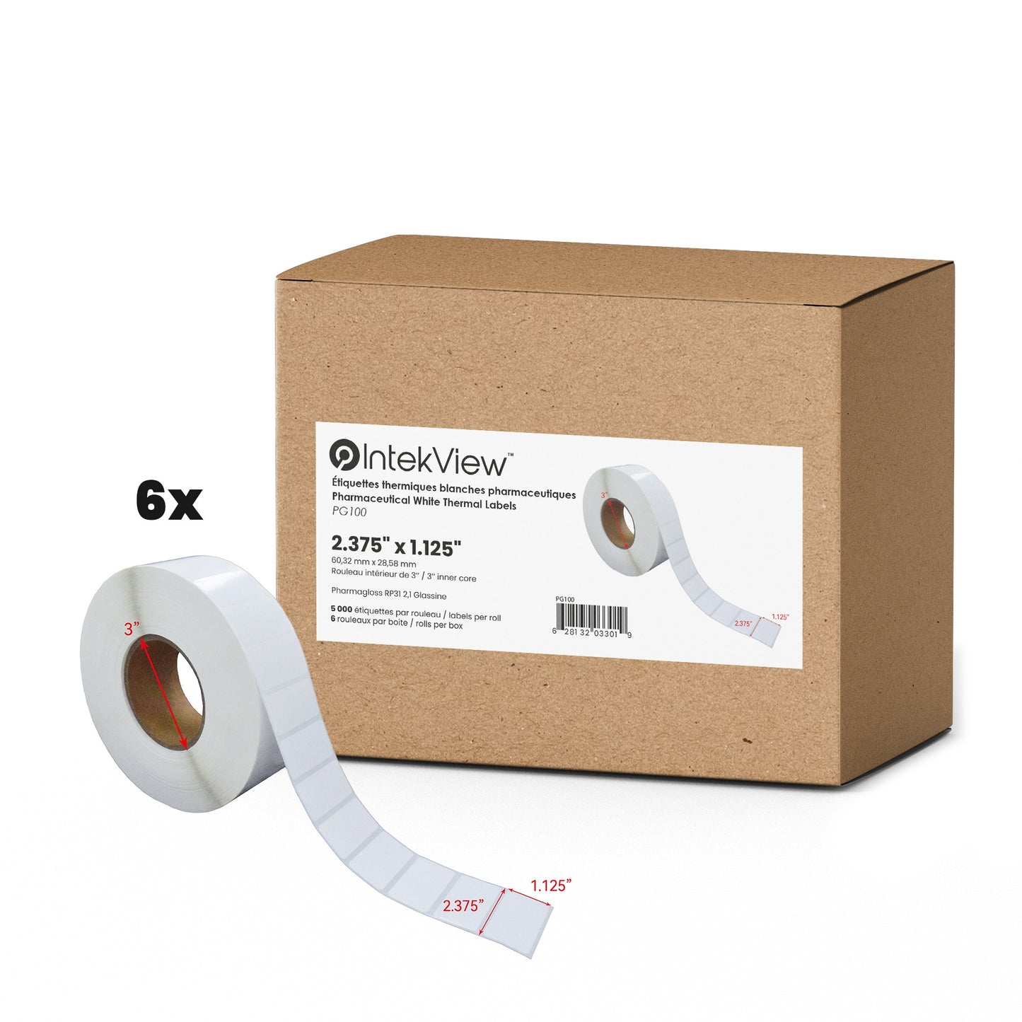 2.375"X1.125" Core 3'' White Direct Thermal Labels Pharmagloss RP31 White Glassine 5000 Labels 6/cs