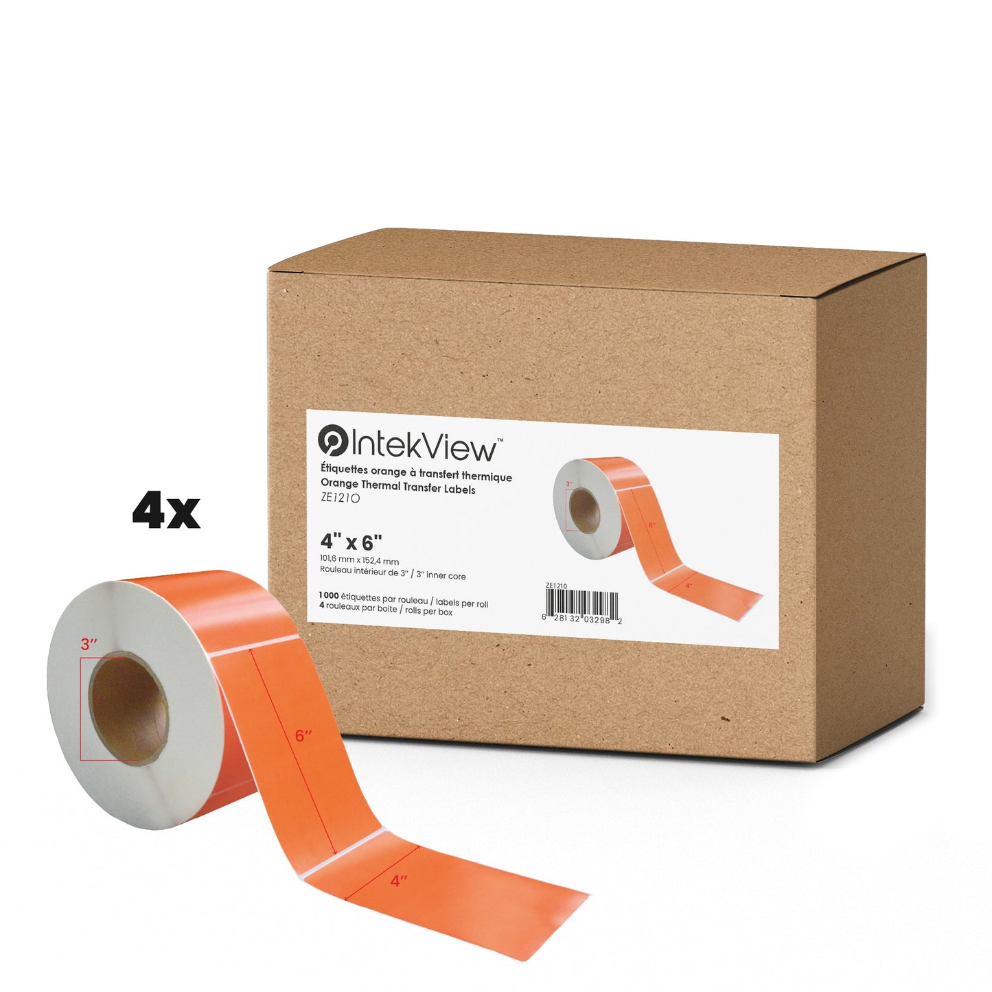 4''x6'' Thermal Transfer Orange Labels 3'' Core 1000/roll 4/cs