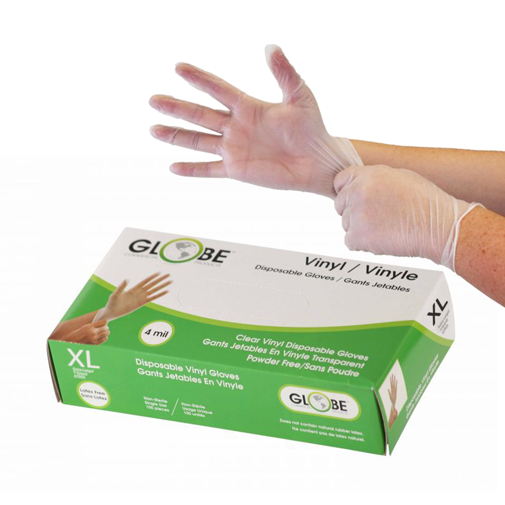 Vinyl Gloves Powder Free 4mil Clear Medical - X-Large (10 boxes of 100) Globe Commercial Products