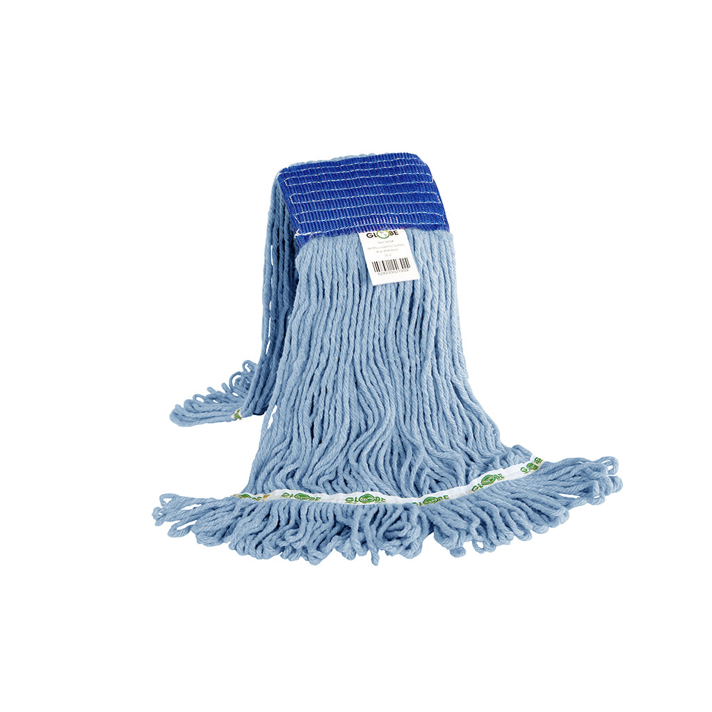 Syn-Pro® Synthetic Looped End Wet Mop Wide Band Blue 12oz Bagged Globe Commercial Products