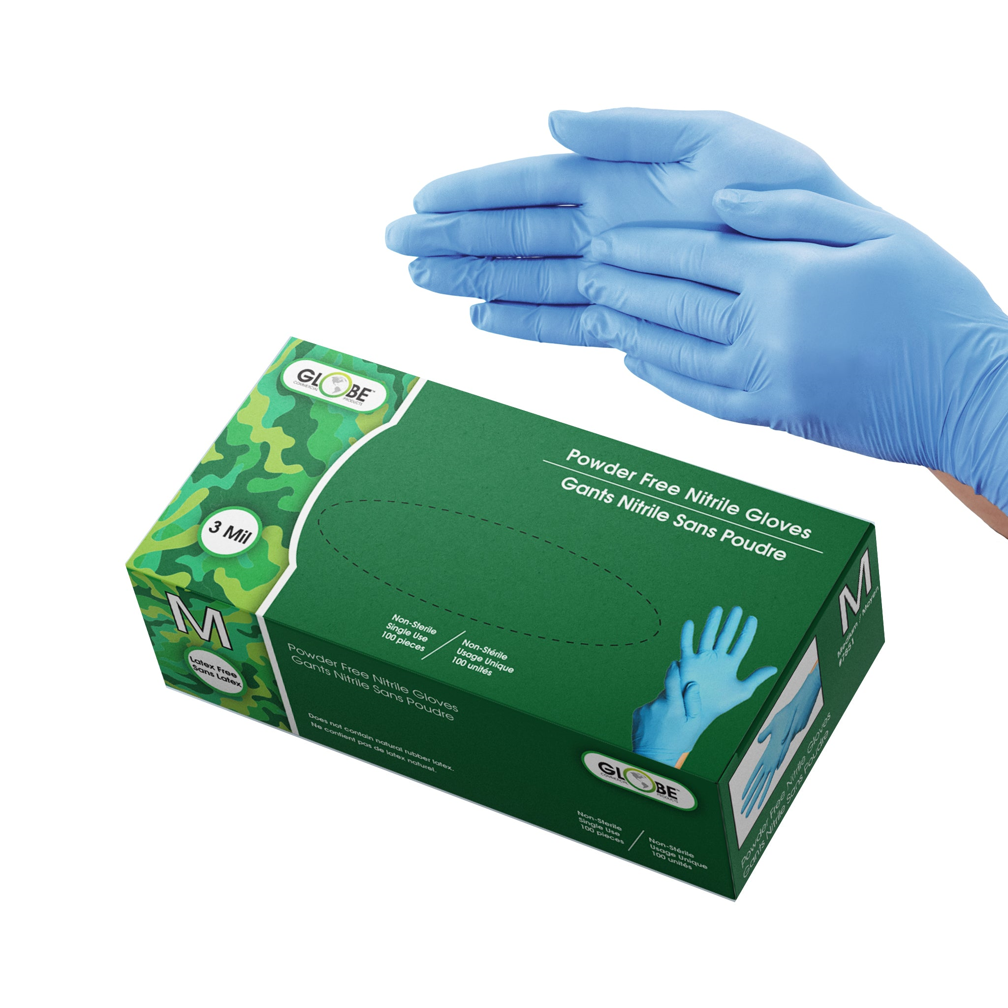 Nitrile Gloves Powder Free 3mil Sky Blue - Medium (10 boxes of 100) Globe Commercial Products