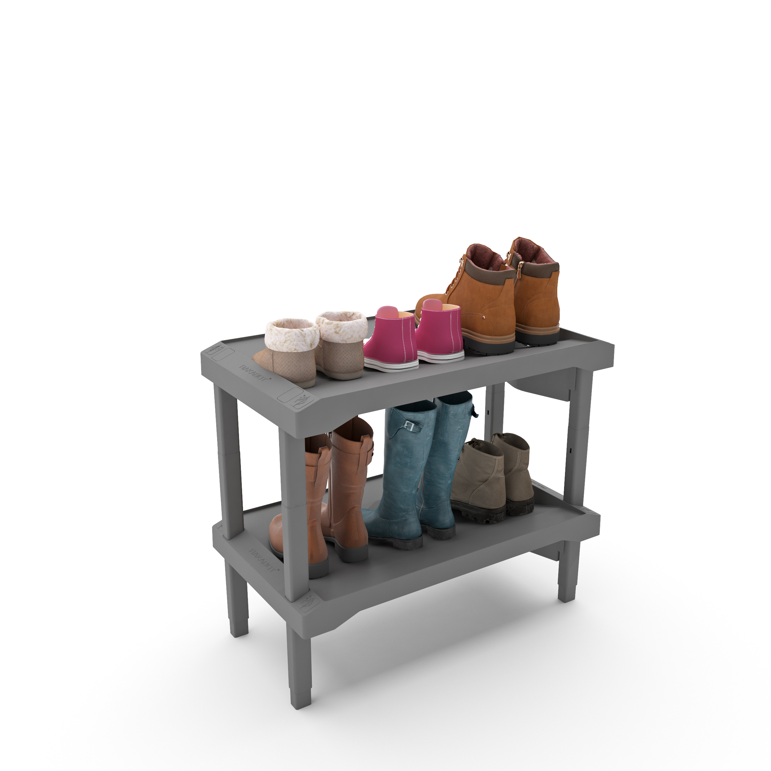Rakabot 2 tier affordable water and mud collecting shoe and boot rack that stores 4 pairs. Stackable to 6 tier. Sturdy plastic easy to clean. Light grey color. Made In Canada Invention. RAKABOT