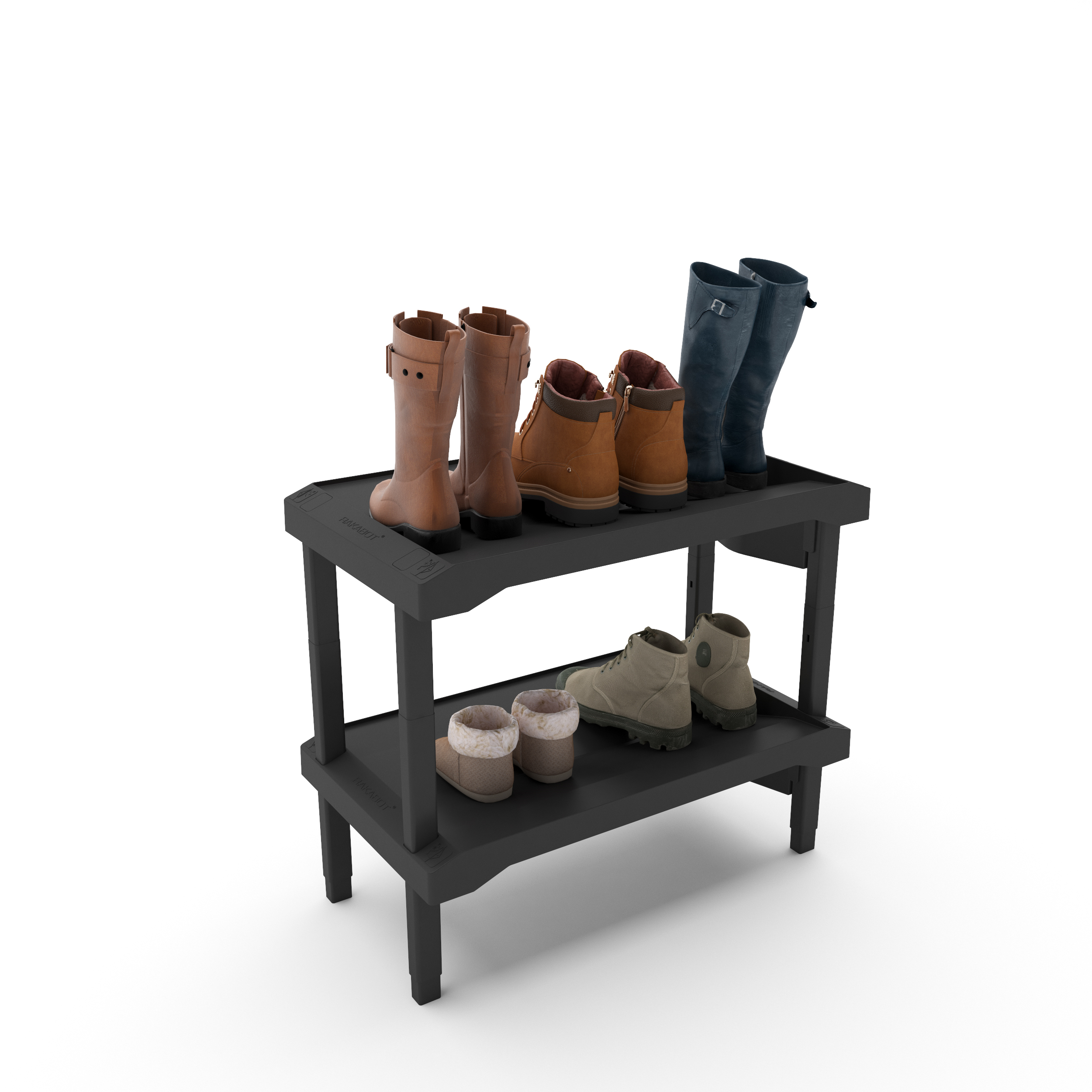 Rakabot 2 tier affordable water and mud collecting shoe and boot rack that stores 4 pairs. Stackable to 6 tier. Sturdy plastic easy to clean. Dark grey anthracite color. Made In Canada Invention. RAKABOT