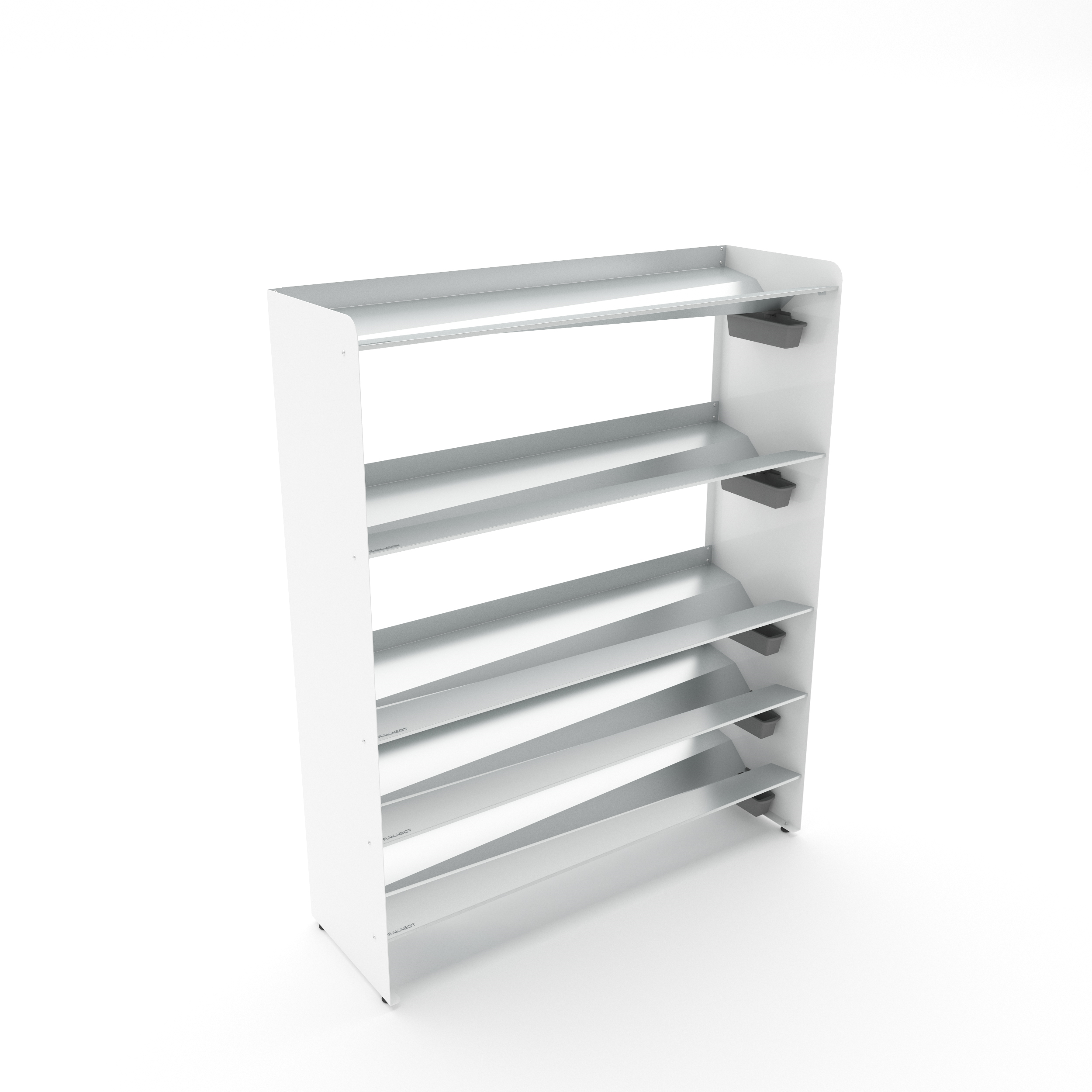 RAKABOT high-capacity footwear storage  5 Tier / Shelf 46.25" silver color / Pure white powder coated side panels/ Height 57" / Levelers / Store 25 pairs RAKABOT