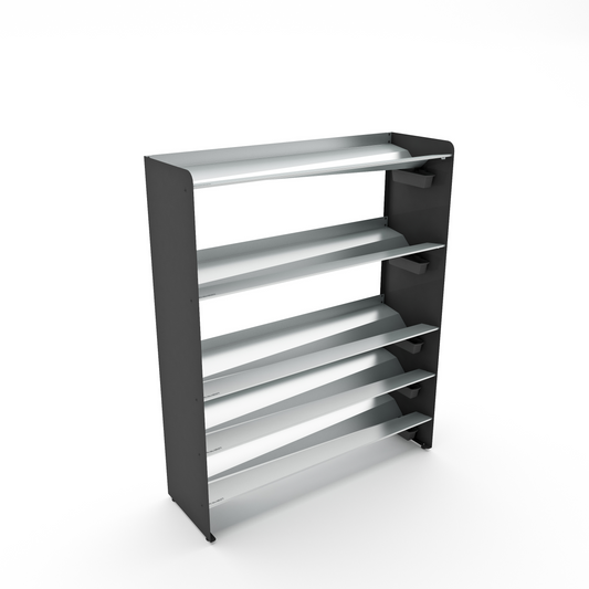 RAKABOT high-capacity footwear storage  5 Tier / Shelf 46.25" silver color / Mate black powder coated side panels/ Height 57" / Levelers / Store 25 pairs RAKABOT
